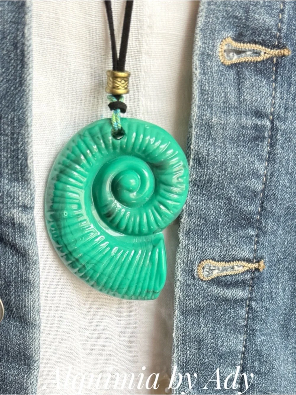 BRUTALIST Turquoise Spiral Shell Pendant Necklace LONG SUEDE